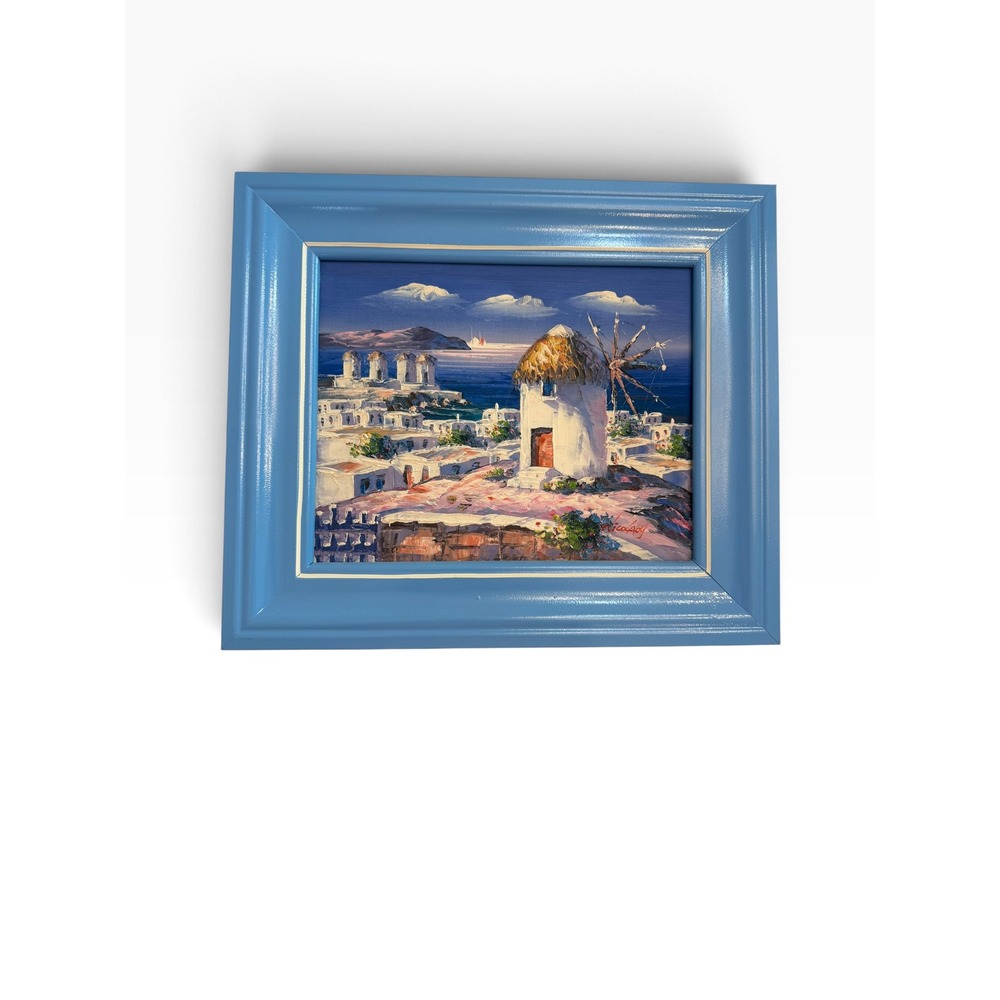 Nicolay Signed Original Oil Painting Mykonos Greece Windmill Framed Blue 14x16
